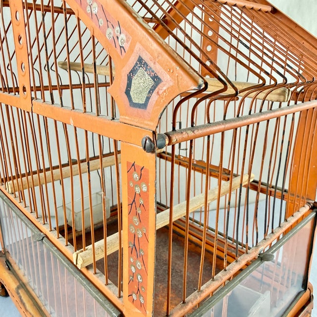 Orange Art Deco Orange Japanned Metal Bird Cage, Hand-Painted, Circa 1900-1920 For Sale - Image 8 of 18