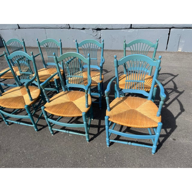 1980s Set of Eight Country French Wheat Sheaf Back Chairs, Rush For Sale - Image 9 of 17