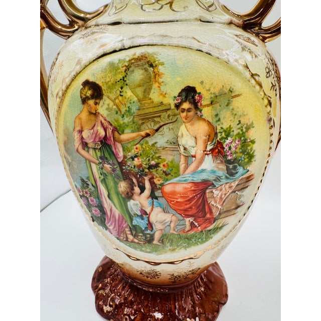 Pair of Victorian Ceramic Porcelain Urns/ Vases Figural Scene & Rose Back Transfers #848 For Sale - Image 13 of 18