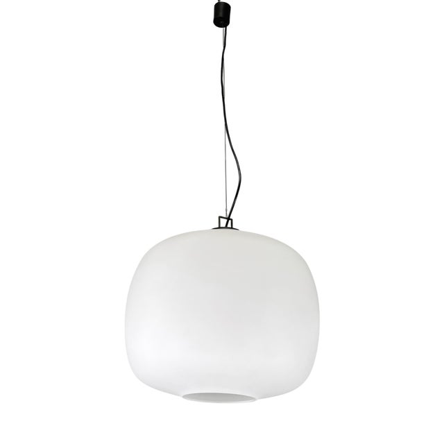 Italian Pendant Lamp in Opaline Glass, Brass and Black Metal, 1950s For Sale