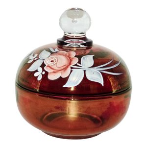 Westmoreland Handmade Ruby Glass Lidded Bowl With Floral Motif, Signed C. Peitier, 1978