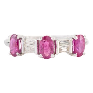 14k White Gold Statement Oval Ruby and Baguette Diamond Three Stone Ring Size 7 For Sale