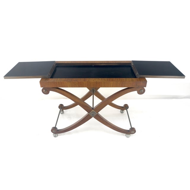 Lift Top Two Tone Elegant X Shape Base Serving Cart Table on Wheels For Sale - Image 4 of 10