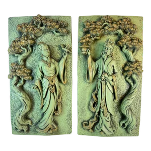 Mid 20th Century Pair of Vintage Asian Chalkware Wall Hangings