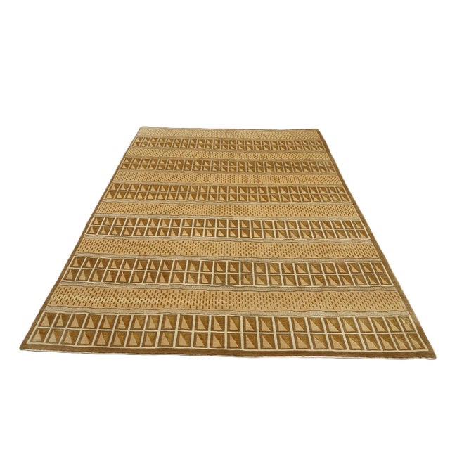 2020s 6'x9' Hand-Knotted Modern Tibetan Wool & Silk Carved Linear Rug in Gold & Green For Sale - Image 5 of 10
