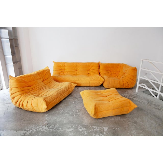 Yellow Microfiber Togo Corner, Pouf, 2-Seat & 3-Seat Sofas by Michel Ducaroy for Ligne Roset, Set of 4 For Sale - Image 13 of 13