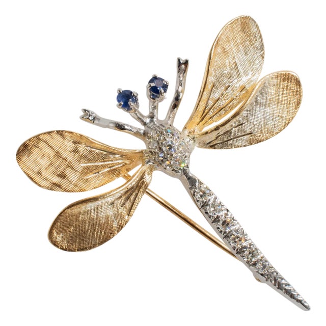 Vintage 14k Yellow and White Gold Sapphire and Diamond Dragonfly Brooch For Sale