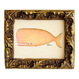 Original Hand-Painted Baby Whale Painting in a Vintage Gilt Frame For Sale