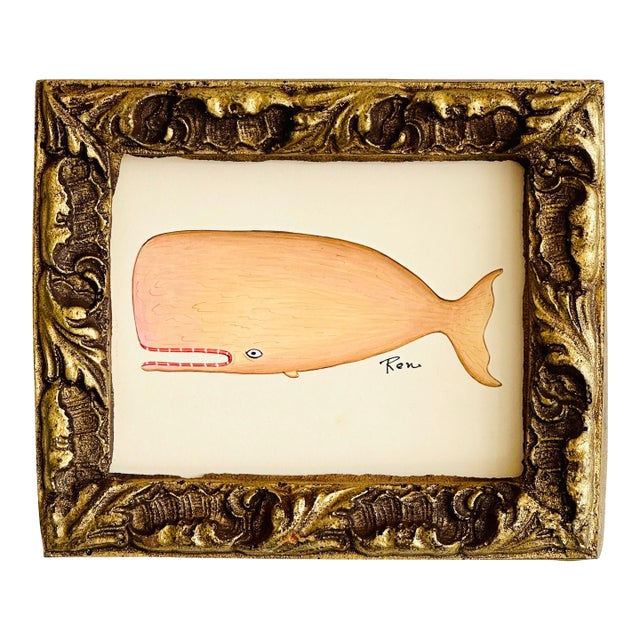 Original Hand-Painted Baby Whale Painting in a Vintage Gilt Frame For Sale