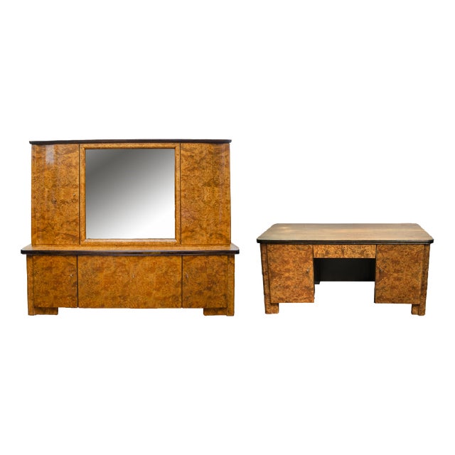 Art Deco Study Set in Mountain Elm Burl, 1925, Set of 2 For Sale