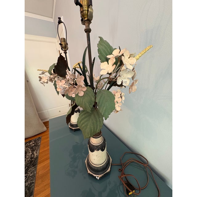 White Vintage Italian Tole Flower and Wheat Lamps, a Pair For Sale - Image 8 of 11