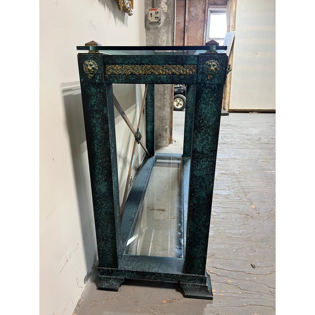 Vintage Neoclassical Verdigris Wood, Brass and Glass Tiered Console Table For Sale In New York - Image 6 of 11
