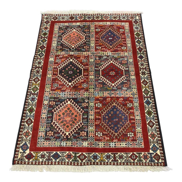 Yalameh Rug 3'5'' X 4'11'' Red Wool Vintage Tribal Hand-Knotted Oriental Carpet For Sale