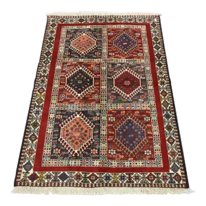 Yalameh Rug 3'5'' X 4'11'' Red Wool Vintage Tribal Hand-Knotted Oriental Carpet