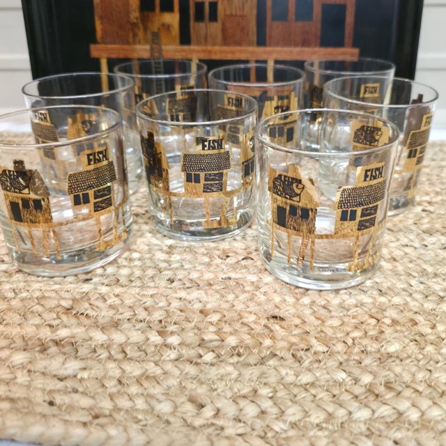 1950s Mid Century Modern Couroc Monterey Fish Rocks Glasses Set of 8 With Tray For Sale - Image 4 of 18