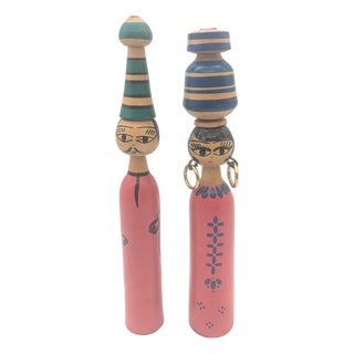 1970s Vintage North African Wood Spindle Dolls, a Pair For Sale