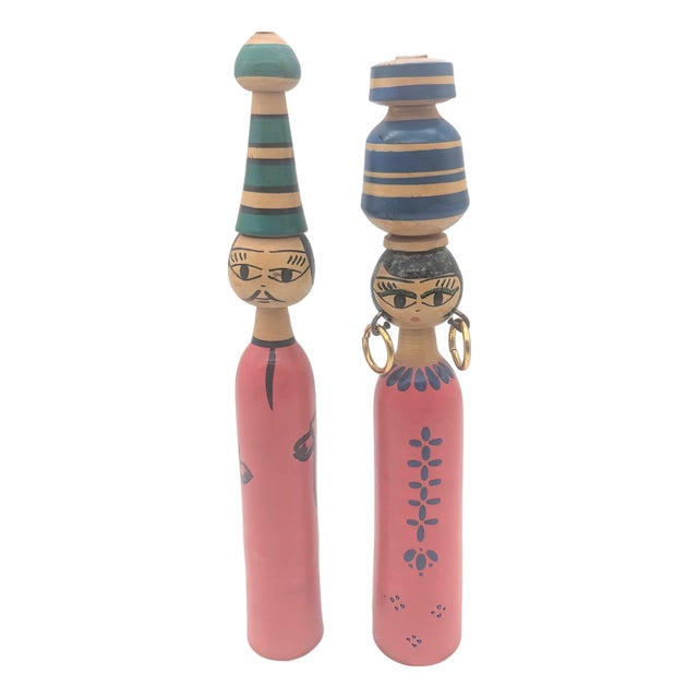 1970s Vintage North African Wood Spindle Dolls, a Pair For Sale