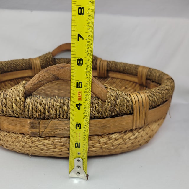 Vintage Round Woven Wicker Rice Basket With Wood Handles Rustic Boho For Sale - Image 10 of 11