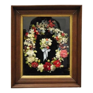 Victorian Mahogany Deep Shadow Box Frame Felt Cotton Mourning Wreath Wall Art For Sale