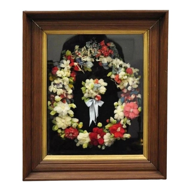 Victorian Mahogany Deep Shadow Box Frame Felt Cotton Mourning Wreath Wall Art For Sale