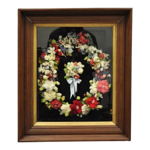 Victorian Mahogany Deep Shadow Box Frame Felt Cotton Mourning Wreath Wall Art