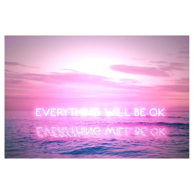 Artur Debat, Everything Will Be Ok Message During Covid Pandemic with Neon Lights in Sunset Seascape, Photograph For Sale