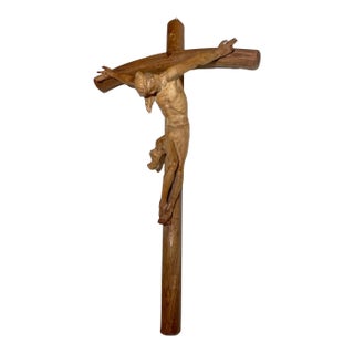 Antique Hand Carved Wood Religious Jesus Christ Crucified Cross Sculpture God For Sale