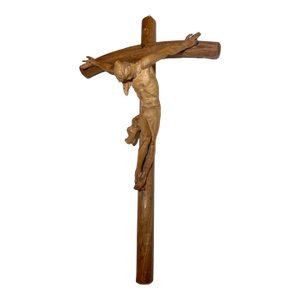 Antique Hand Carved Wood Religious Jesus Christ Crucified Cross Sculpture God