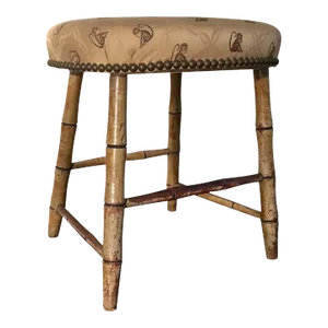 Early 19th Century American Empire Faux Bamboo Windsor Stool with Upholstered Seat