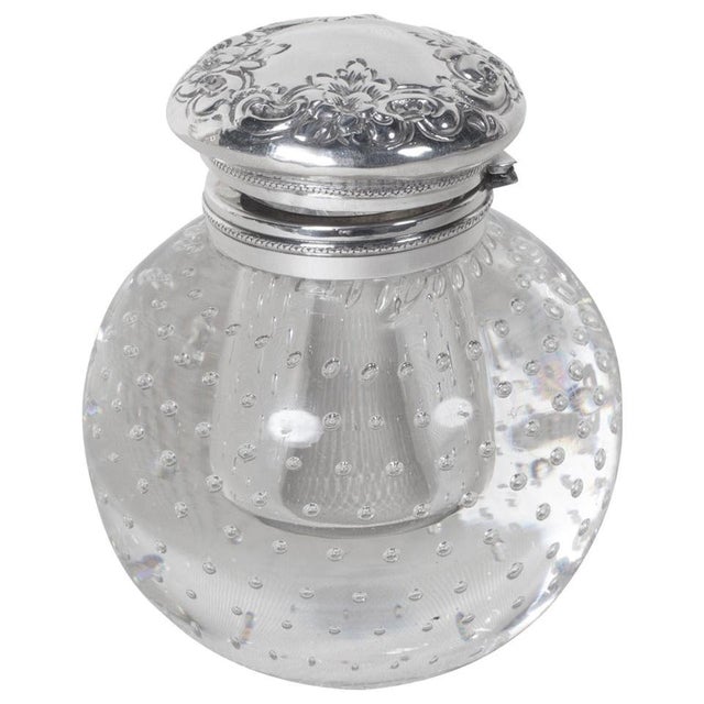 Transparent Pairpoint Crystal Inkwell With Bubble Motif and Sterling Silver Hinged Cover For Sale - Image 8 of 8
