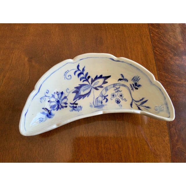Ceramic Antique Blue & White Floral Half Moon Dishes- a Pair For Sale - Image 7 of 11