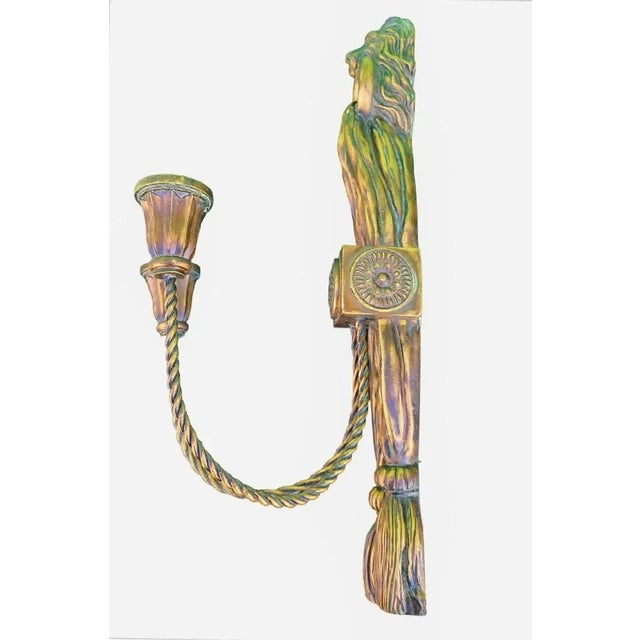 Vintage Lion Head Braided Draped Tassel Double Arm Antique Gold Candle Holders- a Pair For Sale - Image 9 of 10