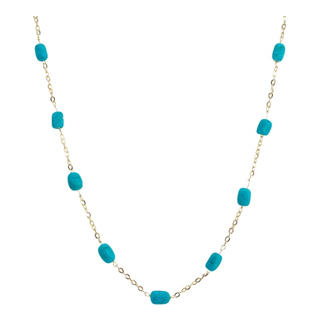 Ladies 14k Yellow Gold Turquoise Station Chain Necklace For Sale