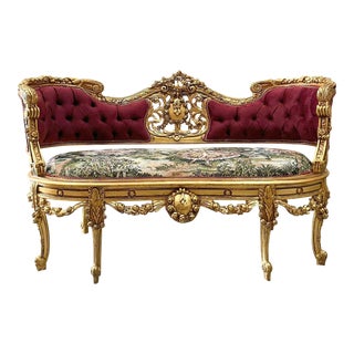 French Rococo Style Bench Tufted Gold Details For Sale