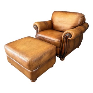 Brown Leather Club Chair and Ottoman For Sale