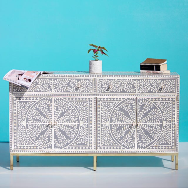 Not Yet Made - Made To Order Arabesque Bone Inlay Four-Door Buffet - Grey by House of Jaipur For Sale - Image 5 of 6