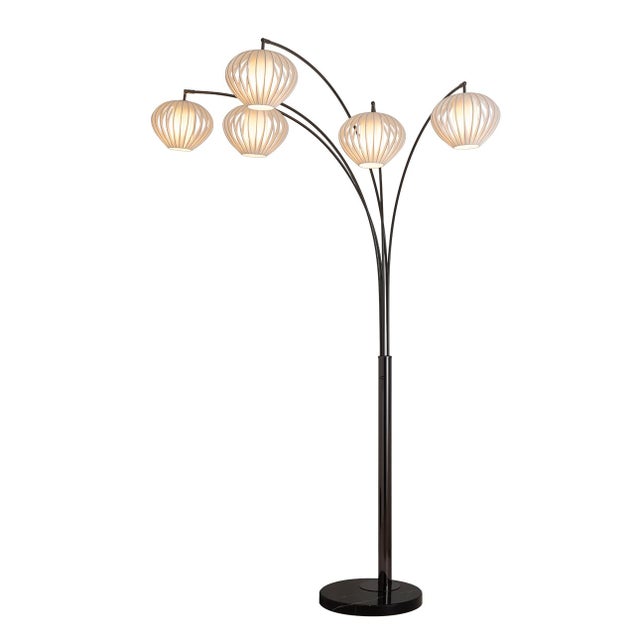 1990s Mid Century Bloom 5-Light Arc Floor Lamp, 1970s - Black Nickel, Black Marble Base, White Satin Shade For Sale - Image 5 of 10