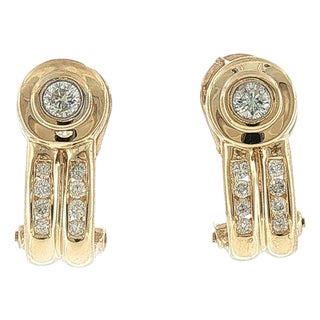 Late 20th-Century 14k Yellow Gold Diamond J-Hoop Pierced Earrings, Pair For Sale