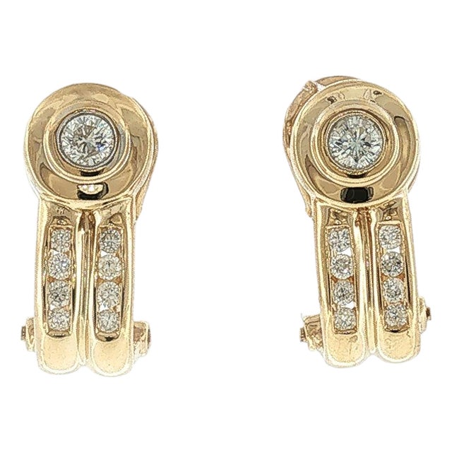 Late 20th-Century 14k Yellow Gold Diamond J-Hoop Pierced Earrings, Pair For Sale