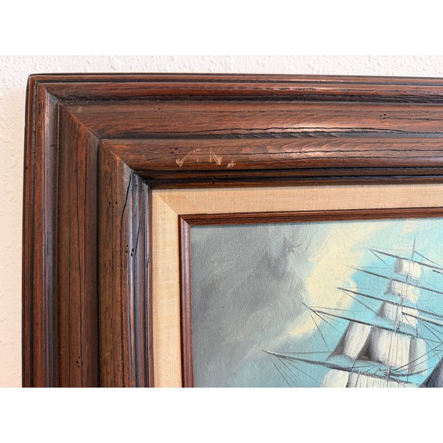 Blue Renato Longanesi - Original Vintage Oil Painting Clipper Ship Stormy Sea Framed For Sale - Image 8 of 12