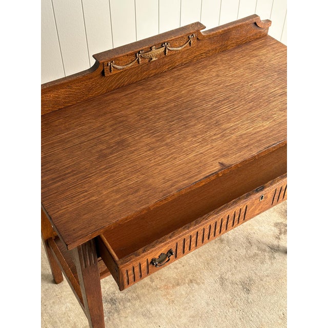 Antique Quarter Sawn Oak Console Table With Carved Gallery Back For Sale - Image 13 of 17