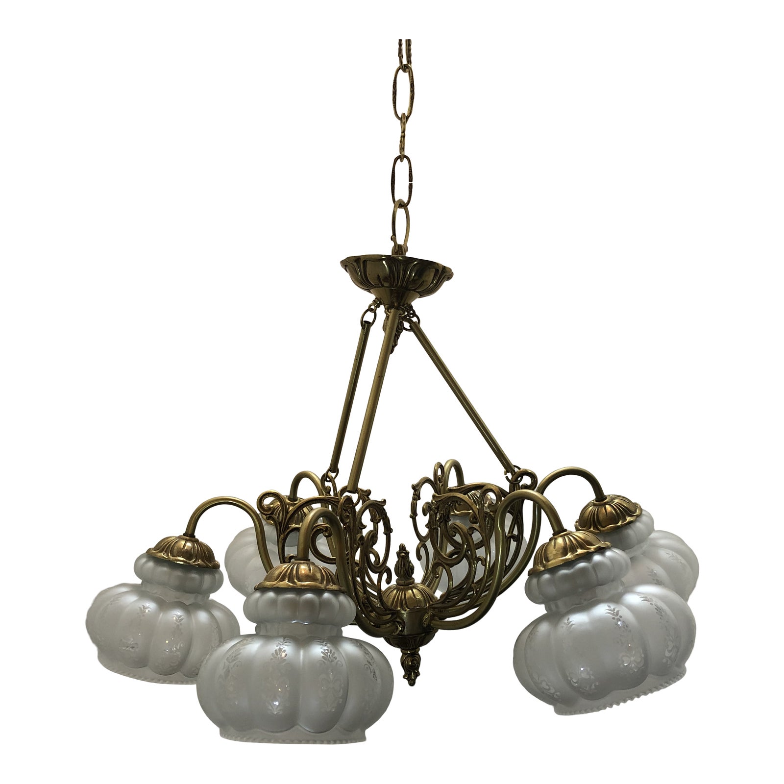 Vintage Cast Brass Chandelier With Etched Globes Chairish