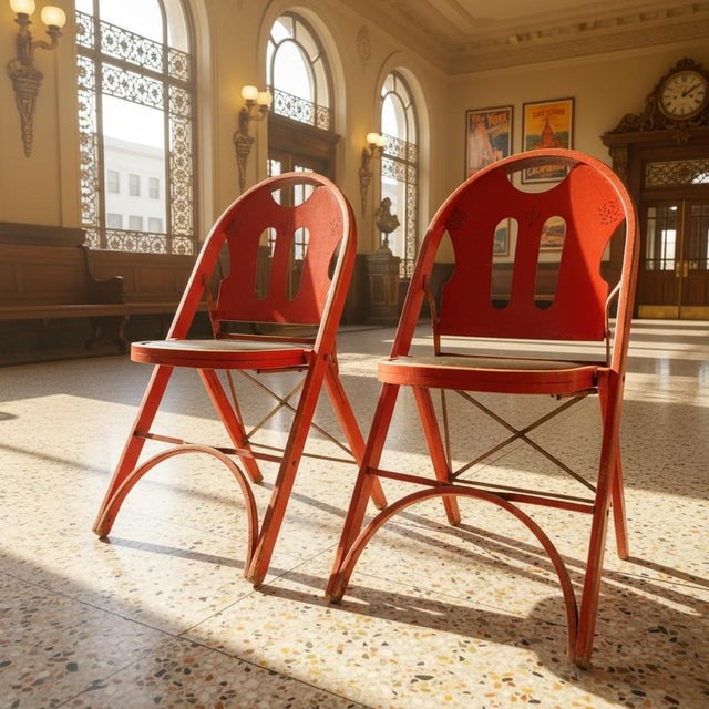 A rare matched pair of 1930s Louis Rastetter & Sons "Solid Kumfort" folding chairs, retaining their original maker's...