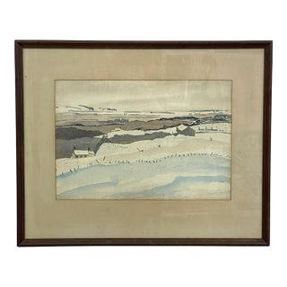 Vintage Mid Century Modern Framed Winter Landscape Watercolor Painting, Snow-Covered Rural Scene For Sale