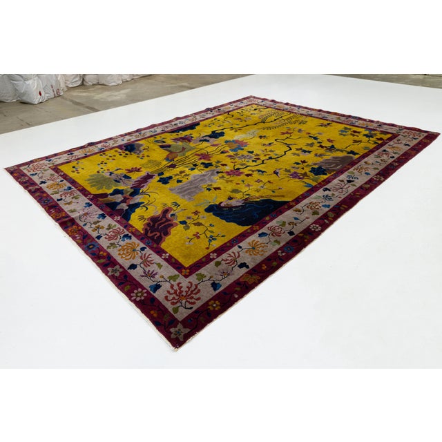 Antique Chinese Art Deco "Peking" Gold Wool Area Rug Garden Motif (1920s) For Sale - Image 12 of 12