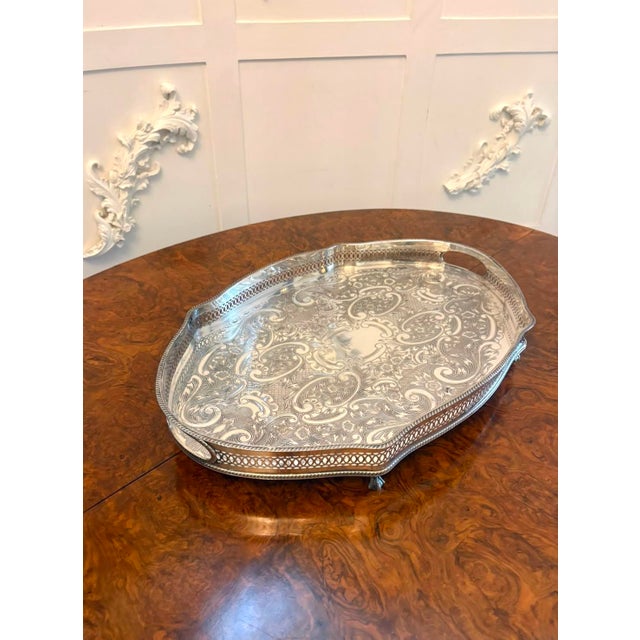 Antique Edwardian Silver-Plated Engraved Tea Tray with Pierced Gallery, 1900 For Sale - Image 4 of 15