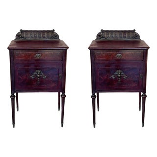 Late 19th Century Pair of French Mahogany Nightstands with Drawer, Door and Bronze Crest For Sale
