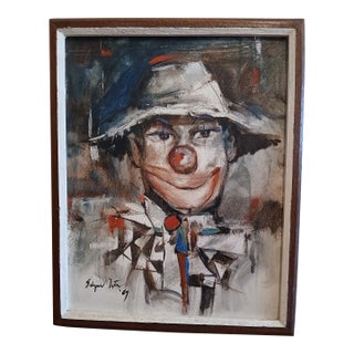 Vintage Framed Clown Oil Painting on Canvas by Listed Artist Edgar Doctor For Sale