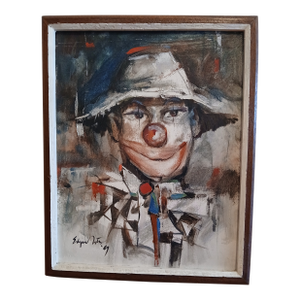Vintage Framed Clown Oil Painting on Canvas by Listed Artist Edgar Doctor