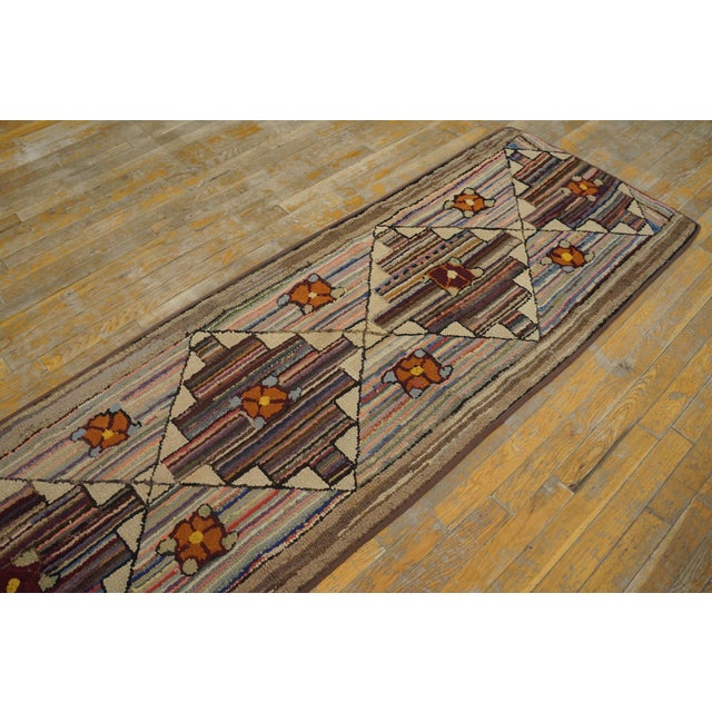 Early 20th Century 1930s Multicolor Geometric Folk Art Antique American Hooked Rug 2'4" X 12'10" Handknotted Wool Cotton Carpet For Sale - Image 5 of 18